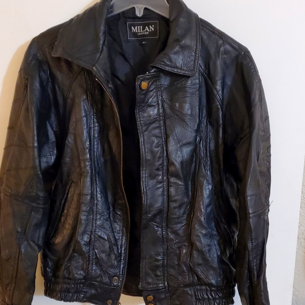 Milan Mens Jacket Black Patchwork Snap Zip Lined Long Sleeve Leather Vintage (M)